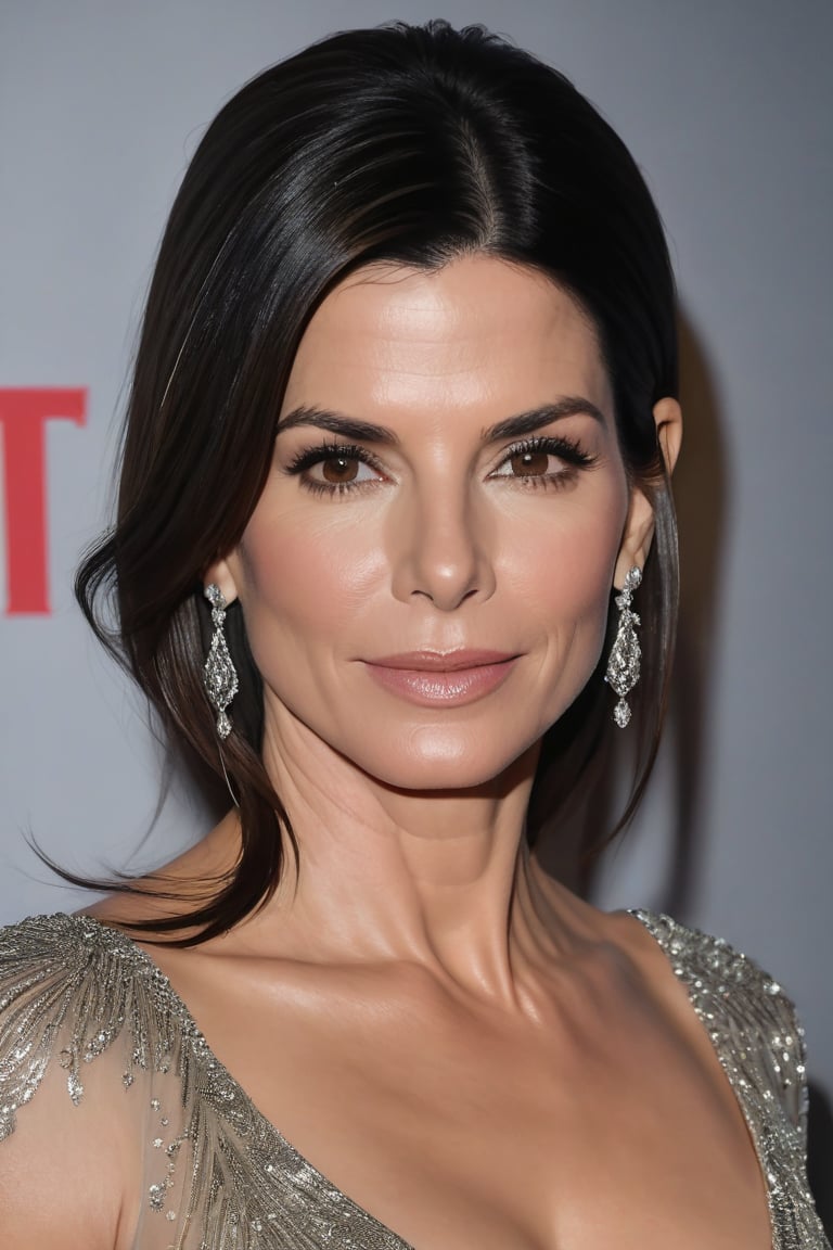 A close-up portrait of Sandra Bullock, dressed in an elegant blouse and flowing transparent saree, dominates the frame. Her Trendsetter wolf cut black hair cascades down her back like a waterfall, while her 38C bust is perfectly framed by the composition. Volumetric lighting accentuates the gentle curves of her face, illuminated by heavy brushstrokes and layered shading that create a textured, cell-like image. The golden ratio guides the viewer's eye to her symmetric eyes, which seem to hold a fairy tone of determination. Rich, deep colors bring this award-winning masterpiece to life.