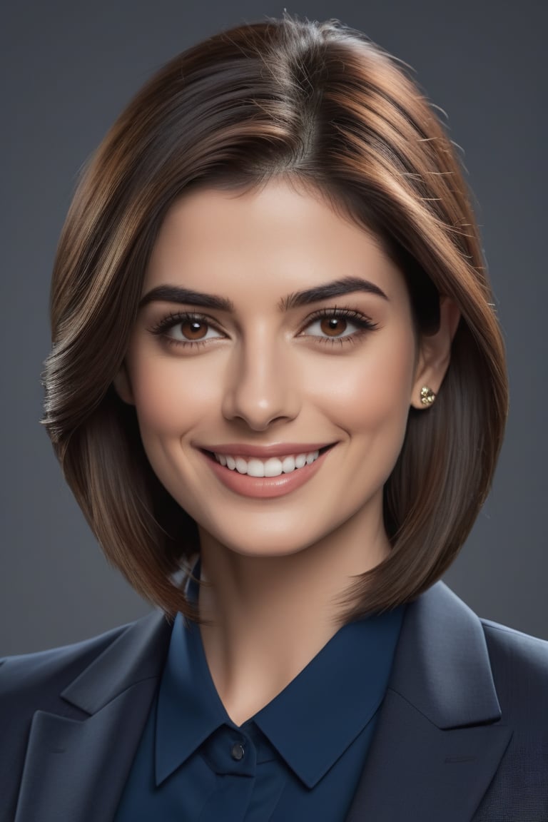 create a hyper realistic vertical photo of Indian most attractive happy woman in her 30s, Trendsetter wolf cut brown hair, trending on artstation, portrait, digital art, modern, sleek, highly detailed, formal, determined, blue business suit, Anne hathway,