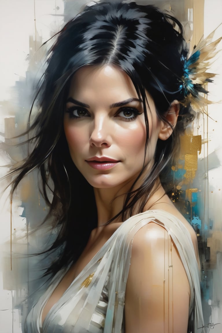 Jeremy Mann's masterful oil painting depicts a breathtaking portrait of Sandra Bullock, dressed in an elegant blouse and flowing transparent saree. The Trendsetter wolf cut black hair cascades down her back like a waterfall. Her 38C bust is perfectly framed by the composition, with volumetric lighting accentuating the gentle curves of her face. Heavy brushstrokes and layered shading create a textured, cell-like image that's reminiscent of Carne Griffiths' work. The golden ratio guides the viewer's eye to her symmetric eyes, which seem to hold a fairy tone of determination. Rich, deep colors bring this award-winning masterpiece to life, with perfect composition and sharp focus adding depth and dimensionality.