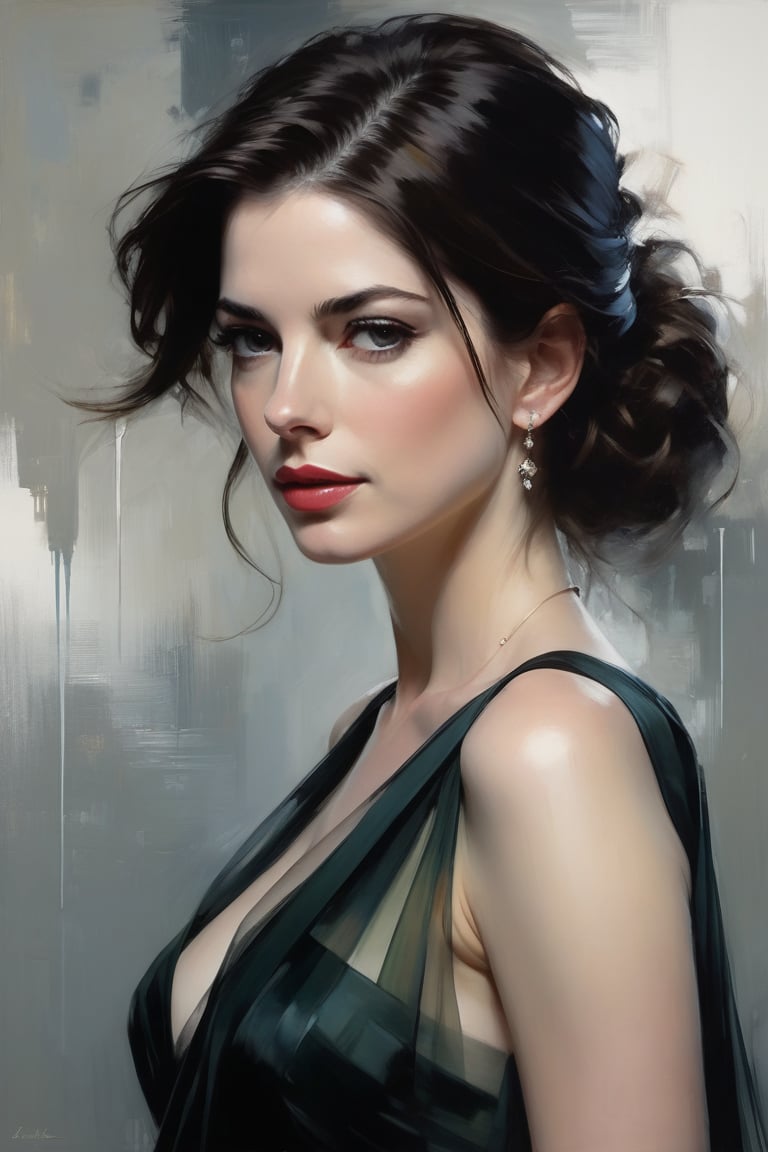 Jeremy Mann's oil painting presents Anne hathway in an exquisite portrait, donning an elegant blouse and flowing transparent saree against a subtle background. The Trendsetter wolf cut black hair flows down her back like a waterfall, framing the 38C bust perfectly. Volumetric lighting accentuates her facial curves, while heavy brushstrokes and layered shading create a textured image reminiscent of Carne Griffiths' work. The golden ratio guides the eye to her symmetric eyes, radiating determination. Rich colors bring this masterpiece to life, with perfect composition and sharp focus adding depth and dimensionality.