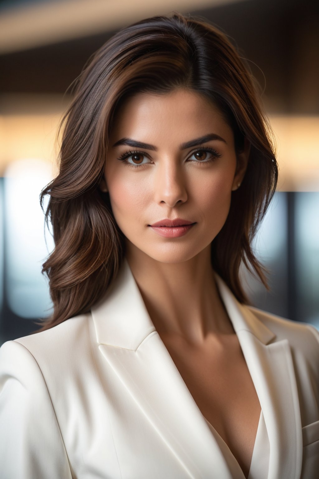 Here is the prompt:

Create an image of a close-up portrait of an Indian woman in her 30s with a wolf-cut brown hairdo, dressed in a stunning white business suit that exudes determination and confidence. Her gaze is direct yet soft, reminiscent of Anne Hathway's elegance. The subject is framed by a shallow depth of field against a neutral, gradient-blurred background, highlighting her sharp features. Softbox lighting casts a flattering glow on her skin tone, while the suit's subtle sheen adds dimensionality. The overall atmosphere is modern sophistication and poise.