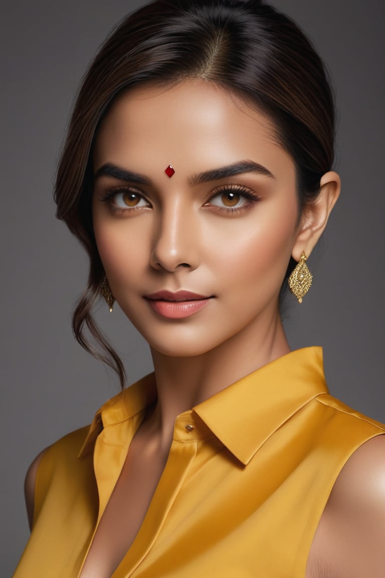 Vertical portrait of a stunning Indian woman in her 30s, dressed in a sun-kissed yellow color shirt dress, exuding confidence and determination. Her Trendsetter wolf-cut brown hair falls softly around her face, framing her striking features. Deepika Padukone-esque charm radiates from her soft smile and full lips, which seem to hint at a thousand secrets. Her black eyes gleam with intensity, as if plotting the next big move in the corporate world - she's a CEO, after all. The sleek, modern composition is set against a smooth, colorized background, emphasizing the subject's sharp jawline and chiseled features. Every detail, from the subtle highlights on her hair to the delicate folds of her dress, is rendered with hyper-realistic precision, making this digital art piece truly breathtaking.