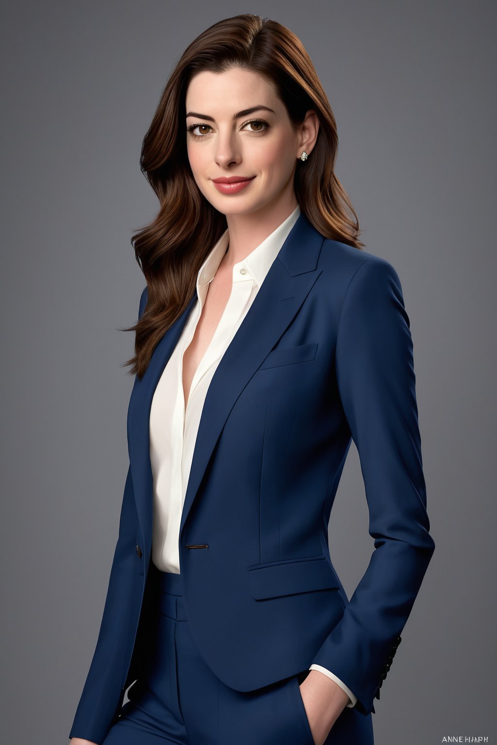 A stunning Indian woman in her 30s stands confidently against a subtle gradient background, her trendy wolf-cut brown hair styled in effortless waves. Her piercing eyes gleam with determination as she poses formally in a sleek blue business suit, exuding modern sophistication. The lighting is soft and even, accentuating the high definition details of her features. Inspired by Anne Hathaway's elegance, this digital artwork captures the subject's confident stride and captivating smile.