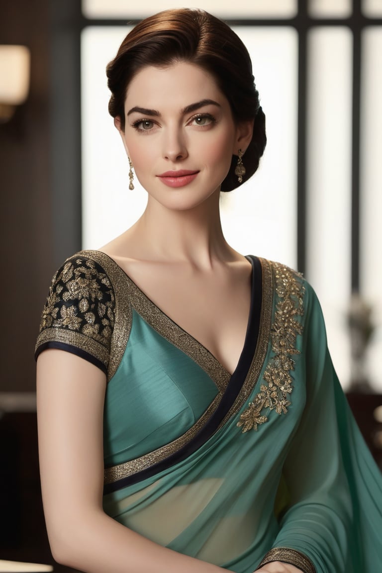 Anne Hathway-esque beauty, with a wolf cut black hair that's on-trend on Artstation, poses confidently in a luxurious office setting. Her fair skin glows under fairy-like lighting, accentuating her determined gaze and 36D curves. A sleek, modern saree wraps around her formal attire, exuding a sense of sophistication. The vertical composition captures the full force of her striking features, with her flirty gaze drawing the viewer in.