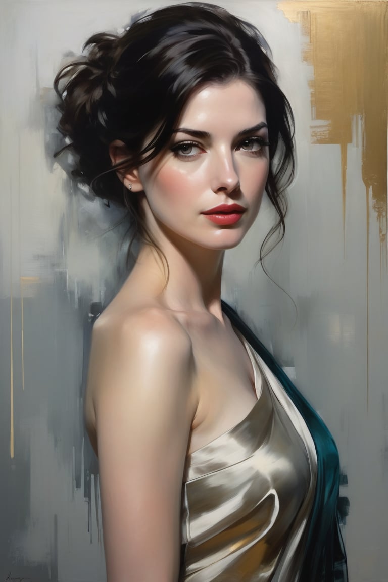 Jeremy Mann's oil painting presents Anne hathway in an exquisite portrait, donning an elegant blouse and flowing transparent saree against a subtle background. The Trendsetter wolf cut black hair flows down her back like a waterfall, framing the 38C bust perfectly. Volumetric lighting accentuates her facial curves, while heavy brushstrokes and layered shading create a textured image reminiscent of Carne Griffiths' work. The golden ratio guides the eye to her symmetric eyes, radiating determination. Rich colors bring this masterpiece to life, with perfect composition and sharp focus adding depth and dimensionality.