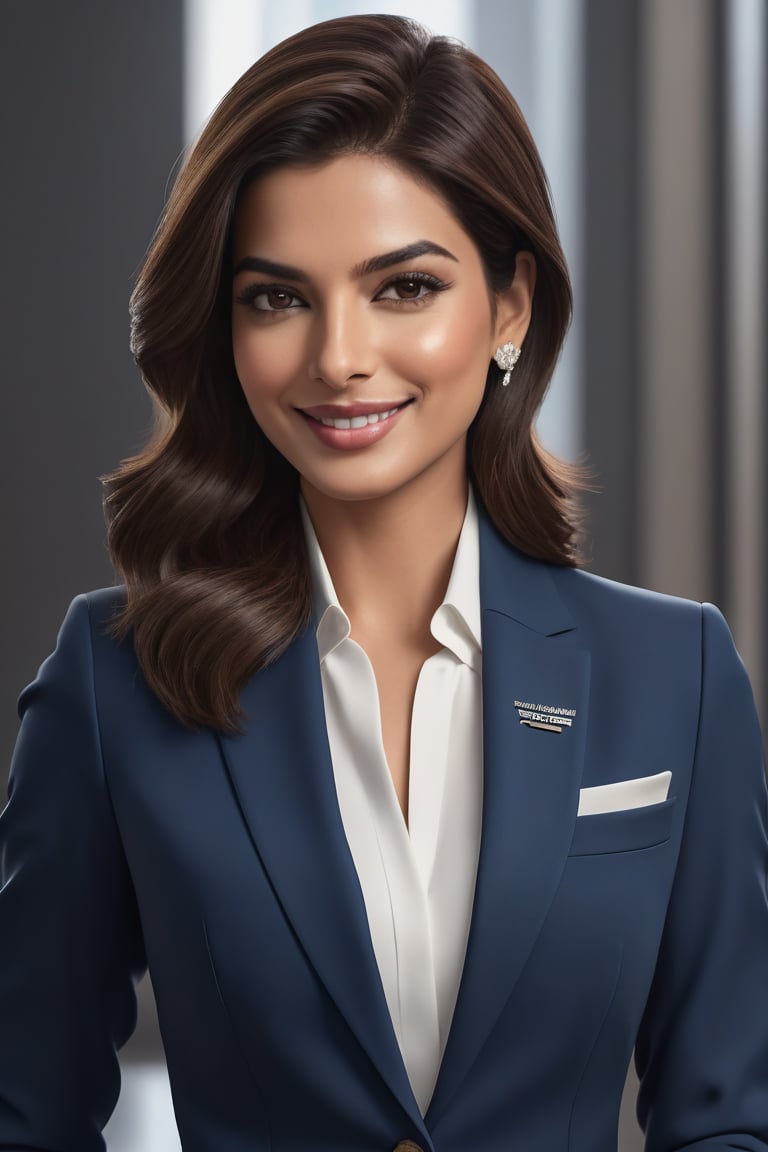 Vertical shot of a stunning Indian woman in her 30s, exuding confidence and happiness. Her trendy wolf-cut brown hair is styled perfectly, framing her radiant face. She's dressed to impress in a modern, sleek blue business suit that accentuates her determination. Inspired by the elegance of Anne Hathaway, this digital portrait features hyper-realistic details, from the subtle curve of her smile to the texture of her suit. The formal setting and crisp lighting add to the overall sense of sophistication, while her bright eyes sparkle with a hint of mischief, making her truly unforgettable on Artstation.