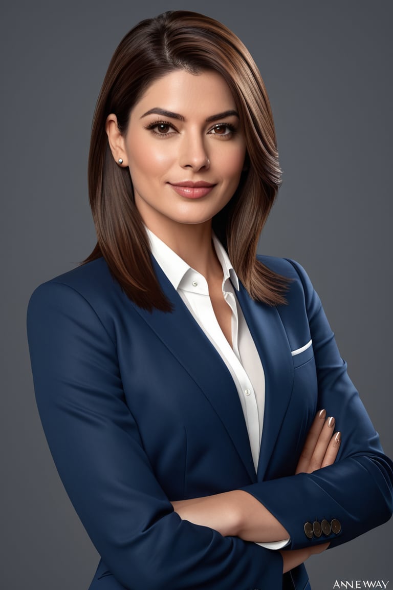 create a hyper realistic vertical photo of Indian most attractive happy woman in her 30s, Trendsetter wolf cut brown hair, trending on artstation, portrait, digital art, modern, sleek, highly detailed, formal, determined, blue business suit, Anne hathway,