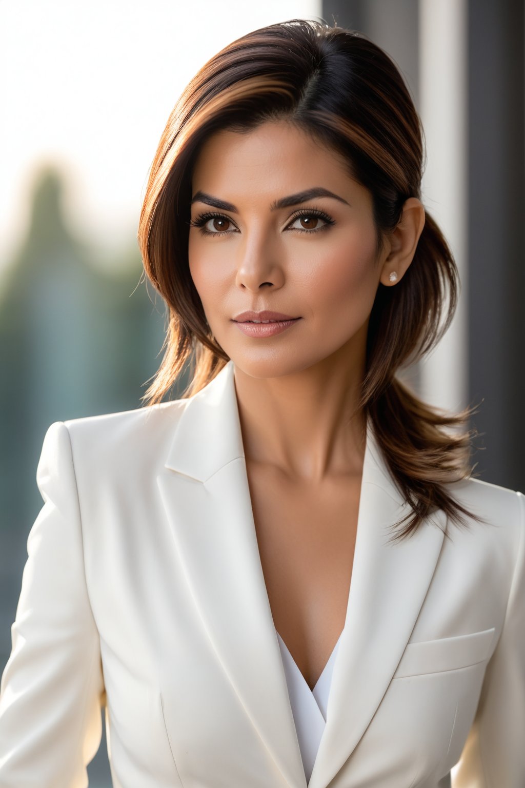 Close-up portrait of an Indian woman in her 30s with a trendsetting wolf-cut brown hairdo, donning a stunning white business suit that exudes determination and confidence. Her gaze is direct, yet soft, reminiscent of Sandra Bullock's signature elegance. Framed by a shallow depth of field, the subject's sharp features are showcased against a neutral, gradient-blurred background, allowing her to take center stage. Softbox lighting casts a flattering glow on her skin tone, while the suit's subtle sheen adds dimensionality. The overall atmosphere is one of modern sophistication and poise.