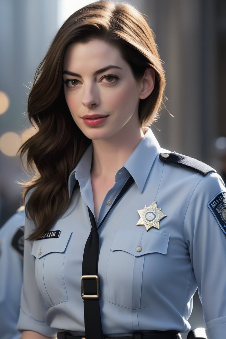 Anne Hathaway, a stunning Caucasian woman, stands confidently in a loose-haired pose, her big buttocks accentuated beneath the fitted female police uniform. Her perfectly symmetrical eyes, framed by luscious lashes, seem to sparkle with an inner light. Soft, natural lighting bathes her porcelain skin, showcasing its smooth texture. In hyperrealistic detail, sharp focus and 8K HDR capture every nuance on the Fujifilm XT3 DSLR camera. The high-contrast cinematic lighting adds depth, while a hint of film grain provides subtle texture.