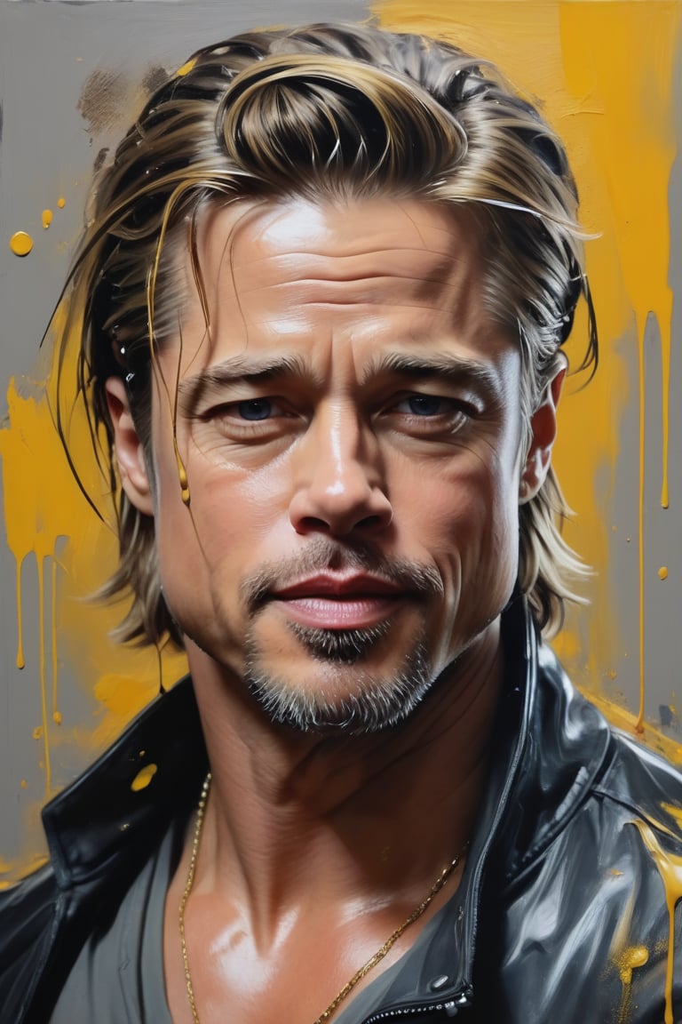 Oil painting with heavy brushstrokes and paint drips, depicting a striking portrait of Brad Pitt in an action pose. Showcase his rugged features, including his tousled hair and chiseled facial structure. The painting should be executed by celebrated artists like Jeremy Mann, Carne Griffiths, or Robert Oxley, utilizing rich, deep colors and layered shading techniques. Employ the golden ratio for composition and aim for an award-winning level of detail and professionalism. Utilize volumetric lighting to accentuate Pitt's features and create a masterpiece quality. Ensure the painting captures Pitt's physique with precision and attention to detail. The artwork should be trending on ArtStation, portraying Pitt in a modern, sleek, and highly detailed manner.