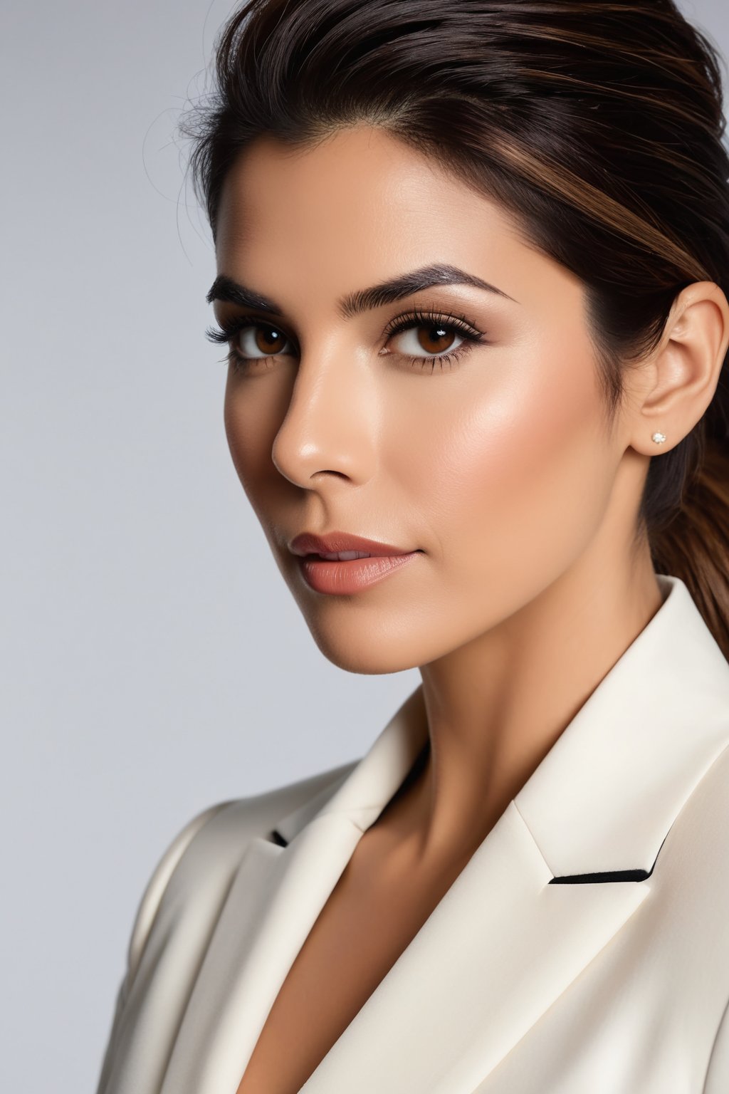 Here is the prompt:

Create an image of a close-up portrait of an Indian woman in her 30s with a wolf-cut brown hairdo, dressed in a stunning white business suit that exudes determination and confidence. Her gaze is direct yet soft, reminiscent of Sandra Bullock's elegance. The subject is framed by a shallow depth of field against a neutral, gradient-blurred background, highlighting her sharp features. Softbox lighting casts a flattering glow on her skin tone, while the suit's subtle sheen adds dimensionality. The overall atmosphere is modern sophistication and poise.