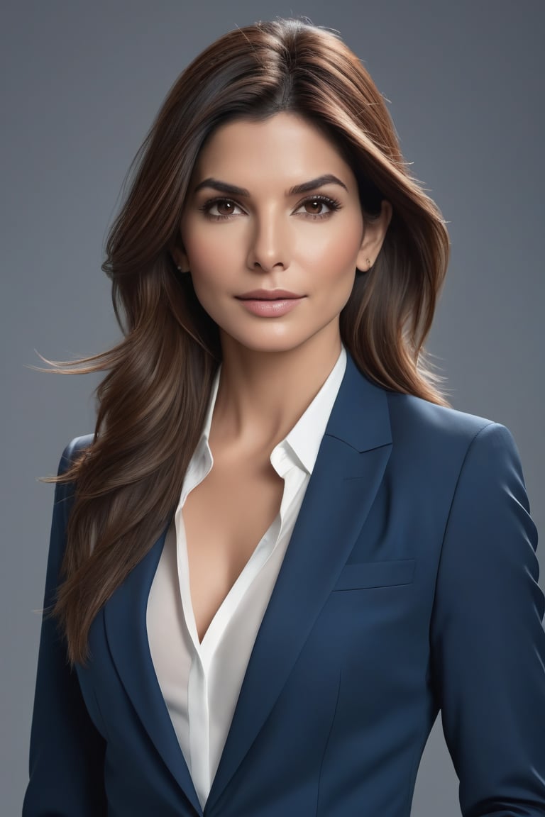 create a hyper realistic vertical photo of Indian most attractive woman in her 20s, ight brown hair, trending on artstation, portrait, digital art, modern, sleek, highly detailed, formal, determined, blue business suit, 36D ,  fairy tone, sandra bullock
