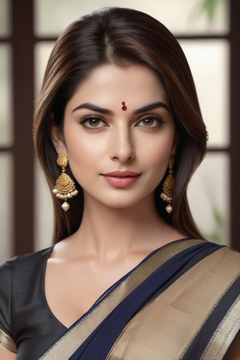 craft a hyper realistic vertical photo of Indian most attractive serious woman in her 30s in Saree Dresses, trending on artstation, portrait, digital art, modern, sleek, highly detailed, formal, serious, determined, CEO, colorized, smooth, charming, pretty, soft smile, soft lips, black eyes, Trendsetter wolf cut brown hair, anne hathway,