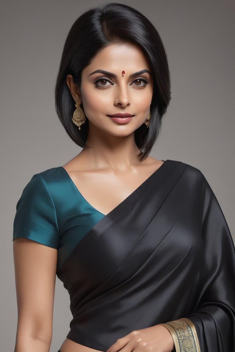 create a hyper realistic vertical photo of most attractive Indian woman in her 40s, Trendsetter wolf cut black hair, trending on artstation, portrait, digital art, modern, sleek, highly detailed, formal, determined, 36D ,  fairy tone, saree, navel show, Willa Holland


