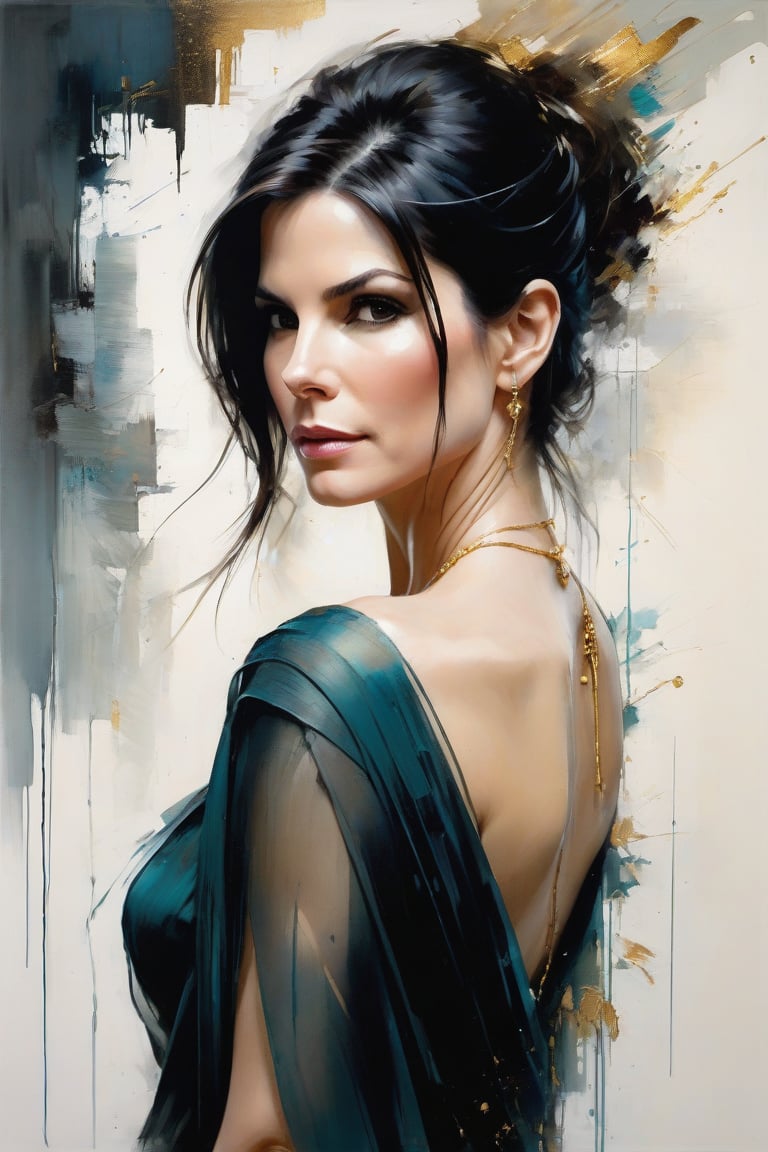 Jeremy Mann's masterful oil painting depicts a breathtaking portrait of Sandra Bullock, dressed in an elegant blouse and flowing transparent saree. The Trendsetter wolf cut black hair cascades down her back like a waterfall. Her 38C bust is perfectly framed by the composition, with volumetric lighting accentuating the gentle curves of her face. Heavy brushstrokes and layered shading create a textured, cell-like image that's reminiscent of Carne Griffiths' work. The golden ratio guides the viewer's eye to her symmetric eyes, which seem to hold a fairy tone of determination. Rich, deep colors bring this award-winning masterpiece to life, with perfect composition and sharp focus adding depth and dimensionality.