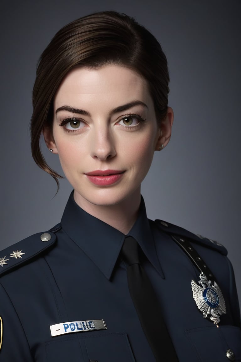 Anne Hathaway's striking features shine in a cinematic shot. She stands confidently, dressed in a crisp Russian police uniform, her perfect, symmetric eyes drawing attention to their piercing intensity. Soft light illuminates her natural skin texture, accentuating every detail. Framed by a high-contrast background, Anne's figure is rendered in 8K HDR with Fujifilm XT3 precision, capturing the subtle nuances of film grain and cinematic lighting.