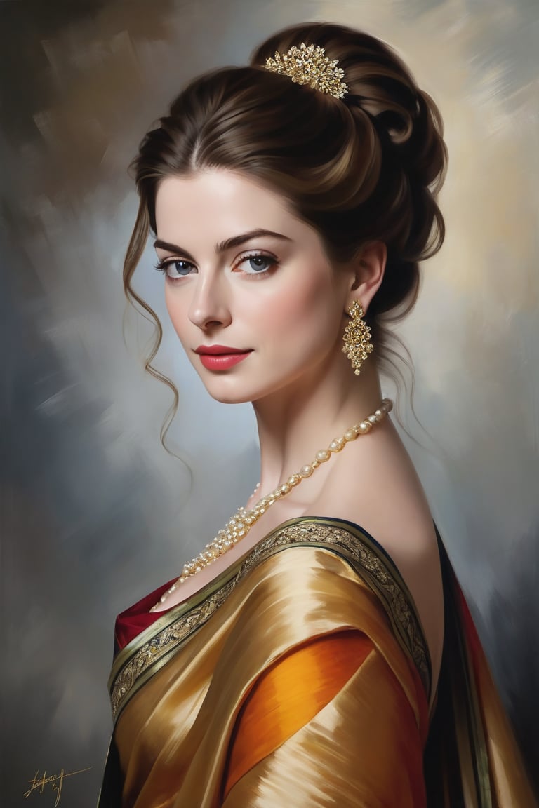 Award-winning portrait of Anne Hathway as Mozart's female counterpart, draped in a stunning Saree. Medium-long, fuzzy hair cascades down her back like a waterfall of night. Her face is a masterpiece of layered shading, with volumetric lighting that seems to dance across the surface. The golden ratio guides the composition, drawing the viewer's eye to her breathtakingly symmetric eyes. Perfect focus and depth of field create a sense of depth, as if she's stepping out of the frame. Heavy brushstrokes and paint drips add texture to the oil painting, rich with deep colors that seem to pulse with life.