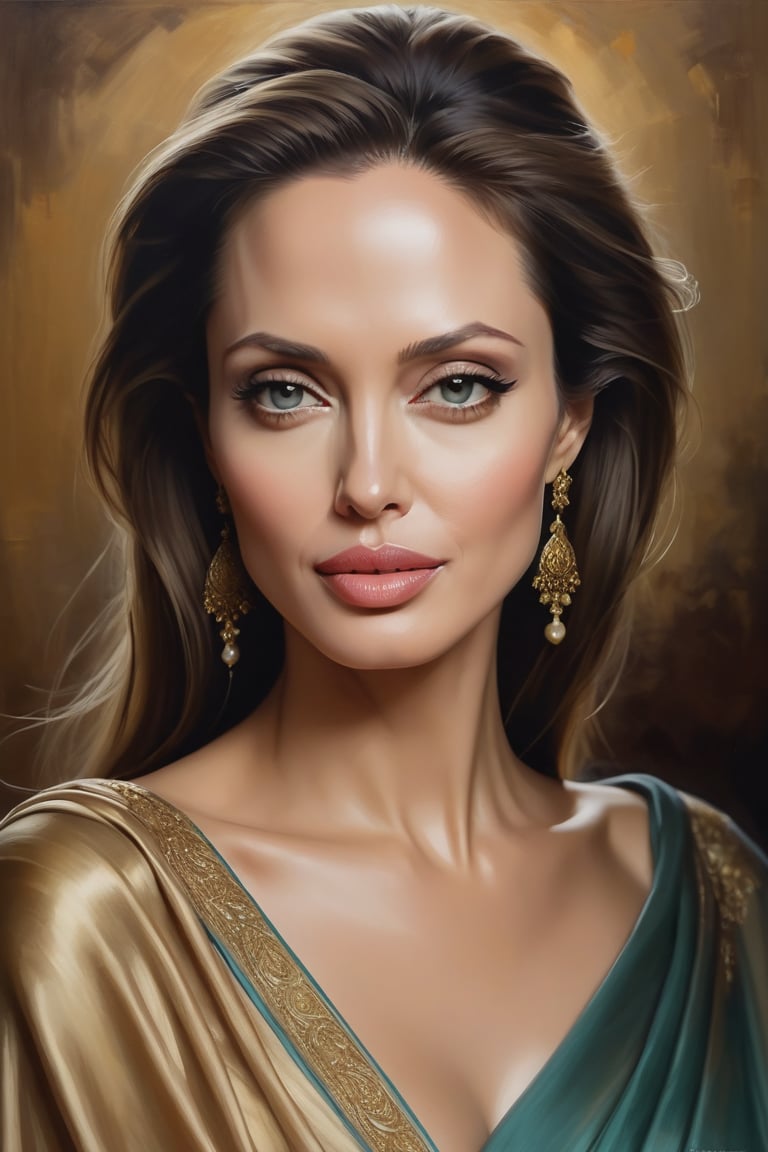 Award-winning portrait of Angelina Jolie as Mozart's female counterpart, draped in a stunning Saree. Medium-long, fuzzy hair cascades down her back like a waterfall of night. Her face is a masterpiece of layered shading, with volumetric lighting that seems to dance across the surface. The golden ratio guides the composition, drawing the viewer's eye to her breathtakingly symmetric eyes. Perfect focus and depth of field create a sense of depth, as if she's stepping out of the frame. Heavy brushstrokes and paint drips add texture to the oil painting, rich with deep colors that seem to pulse with life.