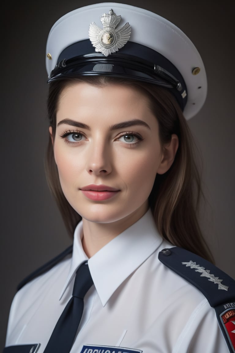 a breathtakingly beautiful caucasian woman Anne hathway from Russian, loose hair, big 
 buttock,female police  uniform, perfect symmetric eyes, natural skin texture, hyperrealism, soft light, sharp, 8k hdr, dslr, high contrast, cinematic lighting, high quality, film grain, Fujifilm XT3