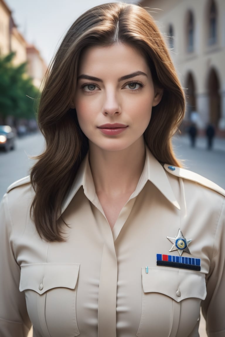 a breathtakingly beautiful caucasian woman Anne hathway from Russian, loose hair, big 
 buttock,female police  uniform, perfect symmetric eyes, natural skin texture, hyperrealism, soft light, sharp, 8k hdr, dslr, high contrast, cinematic lighting, high quality, film grain, Fujifilm XT3