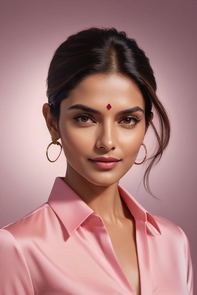 Vertical portrait of a stunning Indian woman in her 30s, dressed in a sun-kissed pink shirt dress, exuding confidence and determination. Her Trendsetter wolf-cut brown hair falls softly around her face, framing her striking features. Deepika Padukone-esque charm radiates from her soft smile and full lips, which seem to hint at a thousand secrets. Her black eyes gleam with intensity, as if plotting the next big move in the corporate world - she's a CEO, after all. The sleek, modern composition is set against a smooth, colorized background, emphasizing the subject's sharp jawline and chiseled features. Every detail, from the subtle highlights on her hair to the delicate folds of her dress, is rendered with hyper-realistic precision, making this digital art piece truly breathtaking.