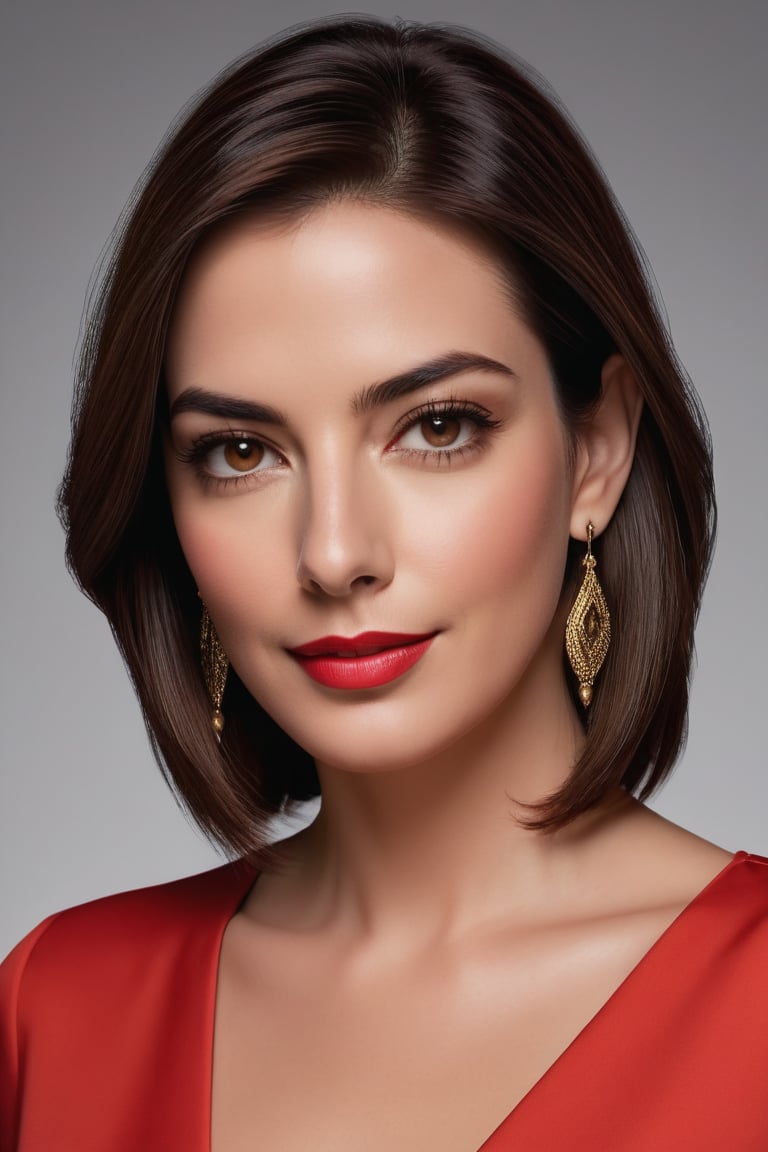 Close-up portrait of a powerful Indian woman in her 30s, wearing a vibrant red shirt dress that accentuates her toned physique and confidence. Her trendy wolf-cut brown hair frames her striking features, as she flashes an Anne Hathaway-esque smile with full lips hinting at secrets. Black eyes gleam with intensity, plotting her next corporate move as CEO. Set against a smooth colorized background, the modern composition highlights her sharp jawline and chiseled features. Every detail - from subtle hair highlights to dress folds - is rendered in hyper-realistic precision, making this digital art piece truly breathtaking.