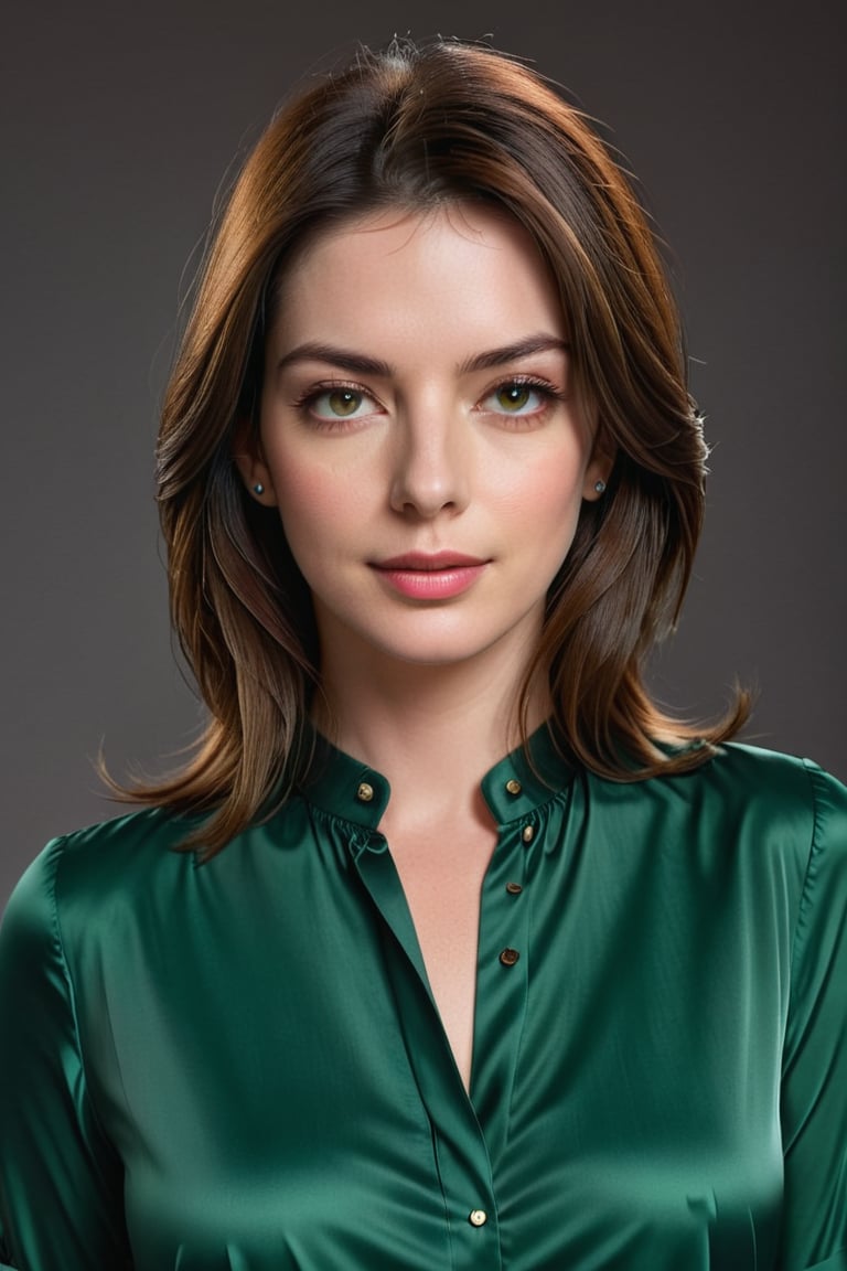 Vertical portrait of a stunning Indian woman in her 30s, dressed in a sun-kissed silky green color shirt dress, exuding confidence and determination. Her Trendsetter wolf-cut brown hair falls softly around her face, framing her striking features. Anne Hathaway-esque charm radiates from her soft smile and full lips, which seem to hint at a thousand secrets. Her black eyes gleam with intensity, as if plotting the next big move in the corporate world - she's a CEO, after all. The sleek, modern composition is set against a smooth, colorized background, emphasizing the subject's sharp jawline and chiseled features. Every detail, from the subtle highlights on her hair to the delicate folds of her dress, is rendered with hyper-realistic precision, making this digital art piece truly breathtaking.
