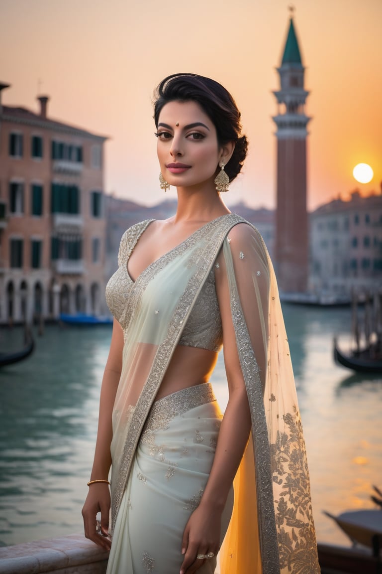 A stunning Indian woman in her 30s, a trendsetter with a wolf cut black hair, stands out against the romantic backdrop of Venice City, France. She wears a formal saree, its intricate patterns shimmering in the soft fairy tone light. Her fair skin glows with a subtle sheen, and her piercing gaze exudes determination. The camera captures her in a vertical composition, highlighting her 36D curves. Anne Hathaway-like features shine through, as she confidently poses against the city's ancient architecture.