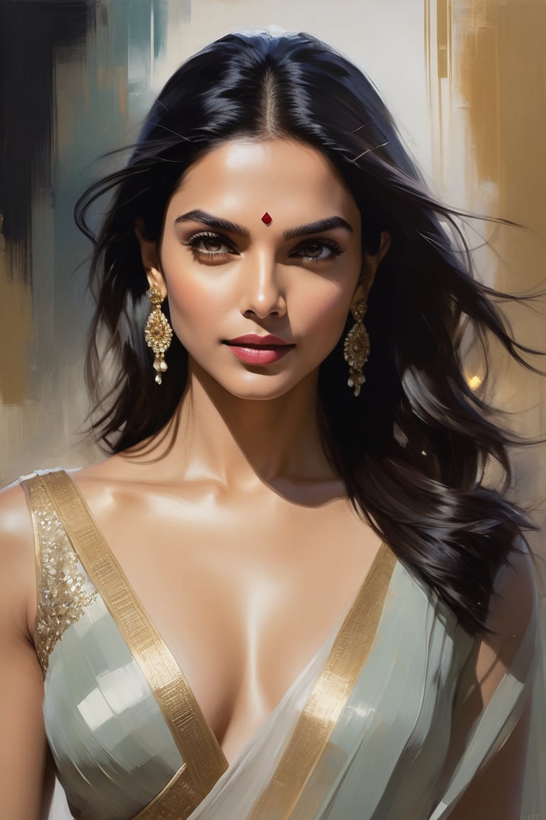 Deepika Padukone's portrait by Jeremy Mann: Anne, donning an elegant blouse and flowing transparent saree against a subtle background, poses confidently. Her Trendsetter wolf cut black hair cascades down her back like a waterfall, framing her 38C bust. Volumetric lighting accentuates her facial curves while heavy brushstrokes and layered shading create textured layers. The golden ratio guides the eye to her symmetric eyes radiating determination. Rich colors bring this masterpiece to life with perfect composition and sharp focus adding depth and dimensionality.