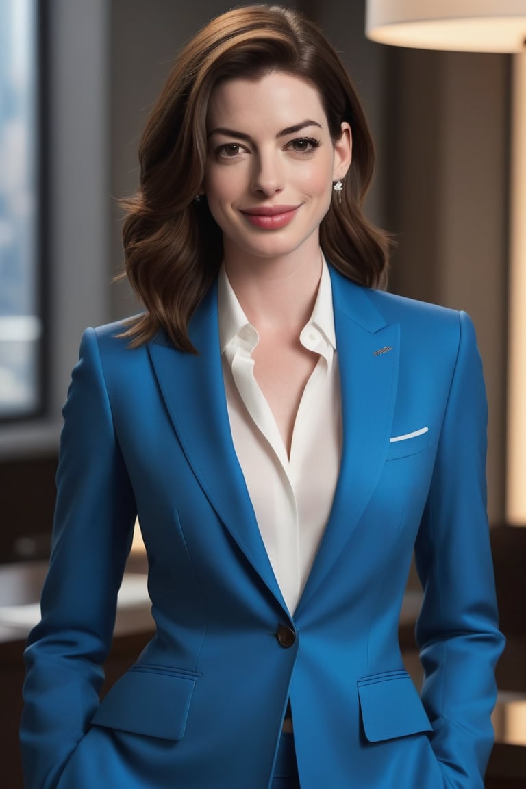 Anne Hathaway-inspired beauty poses confidently in a vertical frame, surrounded by soft focus blurred background. Her striking wolf-cut brown hair, styled in effortless layers, falls down her back like a waterfall. A trendy blue business suit, tailored to perfection, accentuates her slender figure and sharp jawline. Her bright smile, radiant with happiness, lights up the entire composition. The formal atmosphere is elevated by the sleek, modern setting and the highly detailed textures on her suit. The subject's determined gaze, almost piercing, commands attention, making this digital art piece a masterpiece worthy of trending on ArtStation.