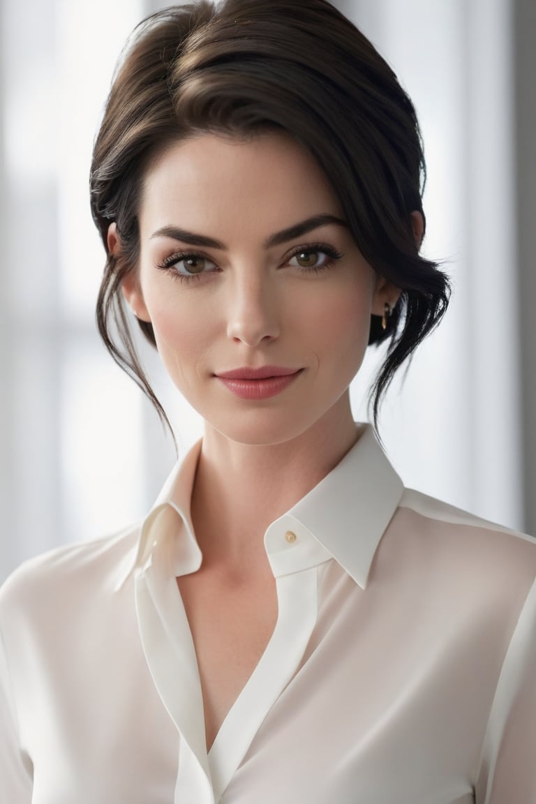 Vertical Composition: A Close-Up Portrait of a Powerful Woman.

A sun-kissed woman in her 30s, donning a sleek dress shirt and a sharp jawline, commands attention. Her determined gaze, reminiscent of Anne Hathaway's intensity, is framed by a subtle smile, hinting at a confidence that can't be shaken. Dark eyes seem to bore into the camera, as if challenging the viewer to match her level of sophistication.

Her raven-black locks are styled in a trendy wolf cut, framing her heart-shaped face and adding to her allure. A soft sheen to her lips and skin gives off a radiant glow, as if infused with an inner light. The color palette is a masterclass in restraint, with a focus on rich neutrals that allow the subject's stunning features to take center stage.

In this highly detailed, hyper-realistic portrait, every strand of hair, every eyelash, and every fold of skin seems to have been meticulously crafted by a skilled digital artist. The result is an image that appears almost three-dimensional, inviting the viewer to step into its sleek, modern world.