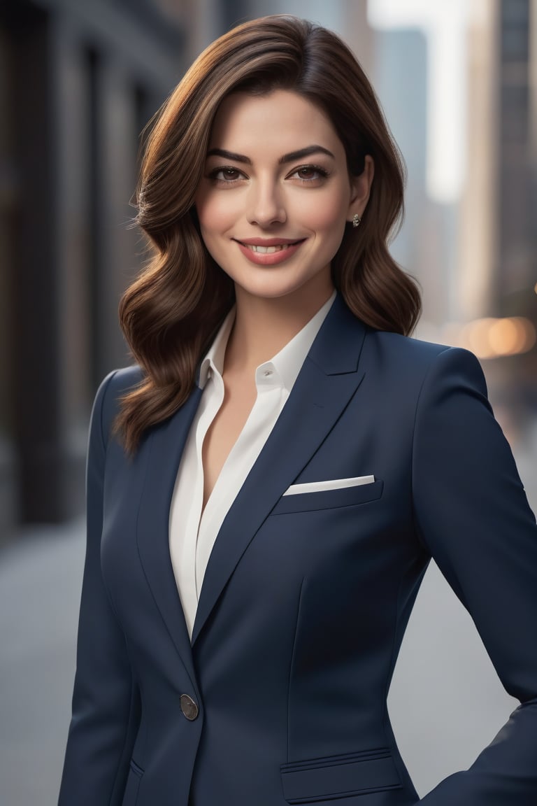 Vertical shot of a stunning Indian woman in her 30s, exuding confidence and happiness. Her trendy wolf-cut brown hair is styled perfectly, framing her radiant face. She's dressed to impress in a modern, sleek blue business suit that accentuates her determination. Inspired by the elegance of Anne Hathaway, this digital portrait features hyper-realistic details, from the subtle curve of her smile to the texture of her suit. The formal setting and crisp lighting add to the overall sense of sophistication, while her bright eyes sparkle with a hint of mischief, making her truly unforgettable on Artstation.