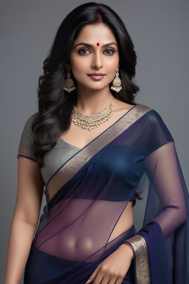 A vertical portrait of a stunning Indian woman in her 40s. She stands confidently, exuding determination and poise. Her wolf cut black hair is styled in loose, effortless waves, framing her heart-shaped face. Her piercing brown eyes sparkle with a hint of mischief, as if she's about to let loose a sly smile.

Her 36D figure is showcased in a sleek, modern black saree that seems to shimmer in the soft light. The transparent fabric glows with an ethereal fairy tone, accentuating her curves and radiating confidence. Her slender neck is adorned with a delicate silver necklace, adding a touch of sophistication to her overall look.

The background is a subtle gradient of deep blues and purples, subtly suggesting a cityscape or a night sky. The lighting is soft and even, emphasizing the subject's features without harsh shadows. The overall mood is one of elegance, modernity, and unapologetic femininity – a true trendsetter in every sense.