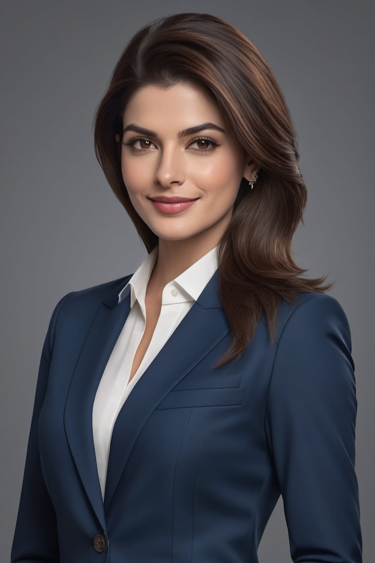 create a hyper realistic vertical photo of Indian most attractive happy woman in her 30s, Trendsetter wolf cut brown hair, trending on artstation, portrait, digital art, modern, sleek, highly detailed, formal, determined, blue business suit, Anne hathway,