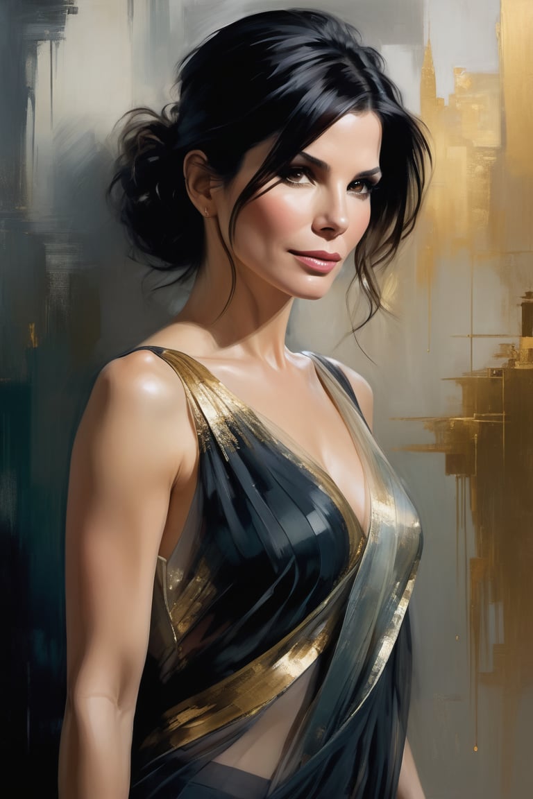 Sandra Bullock's portrait by Jeremy Mann: Anne, donning an elegant blouse and flowing transparent saree against a subtle background, poses confidently. Her Trendsetter wolf cut black hair cascades down her back like a waterfall, framing her 38C bust. Volumetric lighting accentuates her facial curves while heavy brushstrokes and layered shading create textured layers. The golden ratio guides the eye to her symmetric eyes radiating determination. Rich colors bring this masterpiece to life with perfect composition and sharp focus adding depth and dimensionality.