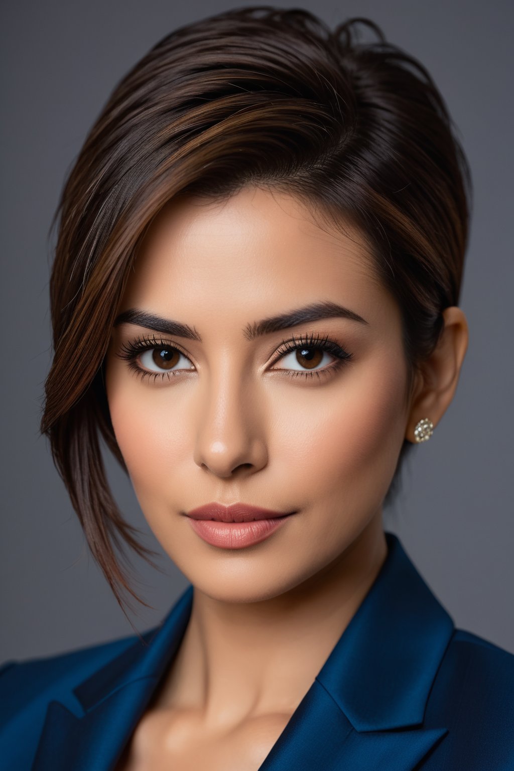 Close-up portrait of an Indian woman in her 30s with a trendsetting wolf-cut brown hairdo, donning a stunning blue business suit that exudes determination and confidence. Her gaze is direct, yet soft, reminiscent of Anne Hathaway's signature elegance. Framed by a shallow depth of field, the subject's sharp features are showcased against a neutral, gradient-blurred background, allowing her to take center stage. Softbox lighting casts a flattering glow on her skin tone, while the suit's subtle sheen adds dimensionality. The overall atmosphere is one of modern sophistication and poise.