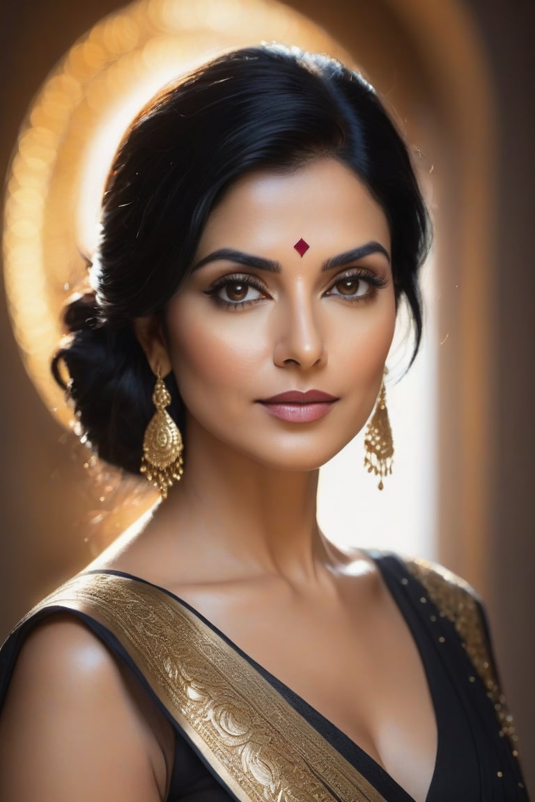 A breathtaking digital portrait of a stunning Indian woman in her 40s, trendsetter with a wolf cut black hair, posing formally yet determined. The camera captures her sharp features, including volumetric lighting on her flawless skin, defined eyebrows, and perfect symmetry of her eyes. Her raven tresses fall down her back like a waterfall, framing the portrait. A transparent saree drapes elegantly around her, accentuating her 38C curves. Golden light illuminates the scene, applying the principles of the golden ratio to create harmony. The image is highly detailed, layered, and shaded by cells, resembling a masterpiece by Jeremy Mann, Carne Griffiths, or Robert Oxley. The depth of field draws the viewer's attention to her captivating face, making it an award-winning piece worthy of Trendsetter status on ArtStation.