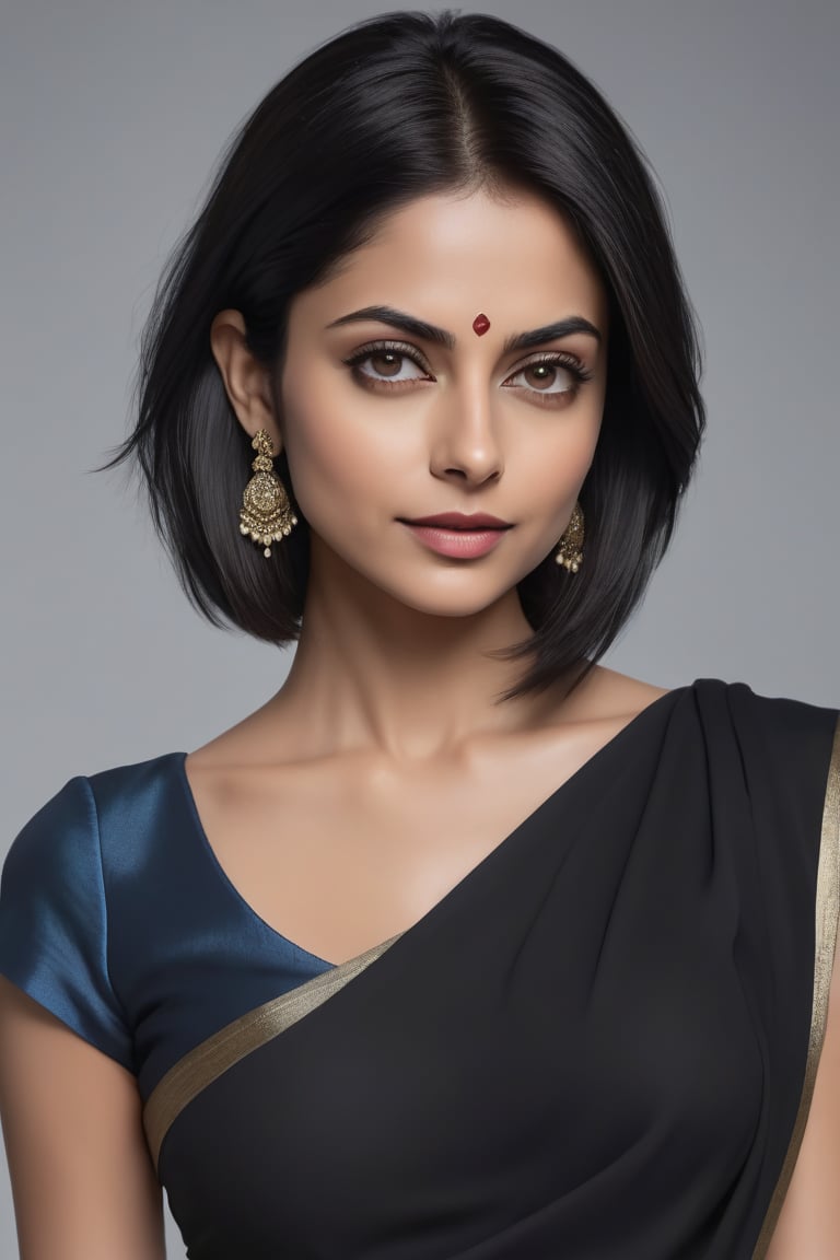 create a hyper realistic vertical photo of most attractive Indian woman in her 40s, Trendsetter wolf cut black hair, trending on artstation, portrait, digital art, modern, sleek, highly detailed, formal, determined, 36D ,  fairy tone, saree, navel show, Willa Holland


