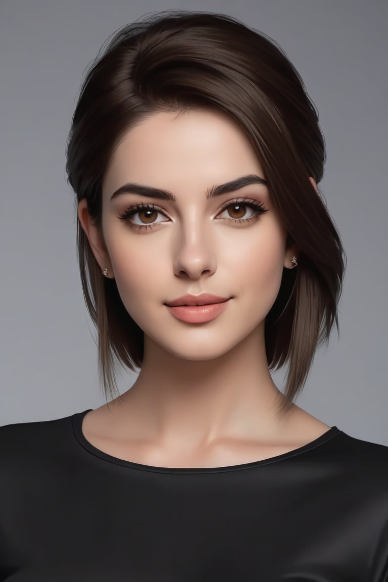 A striking vertical portrait of a stunning Indian woman in her 20s, clad in a sleek T-shirt dress, dominates the frame. Her piercing black eyes radiate determination and charm as she sports a trendy wolf-cut brown hairstyle, reminiscent of Anne Hathaway's signature look. A soft smile plays on her lips, accentuating their plushness. The formal atmosphere is heightened by the colorized palette, with subtle highlights that add depth to her smooth, porcelain-like complexion. Her gaze is unwavering, exuding confidence and poise, as if she's a CEO of her own life. The highly detailed digital art captures every nuance, making this modern masterpiece a showstopper on ArtStation.