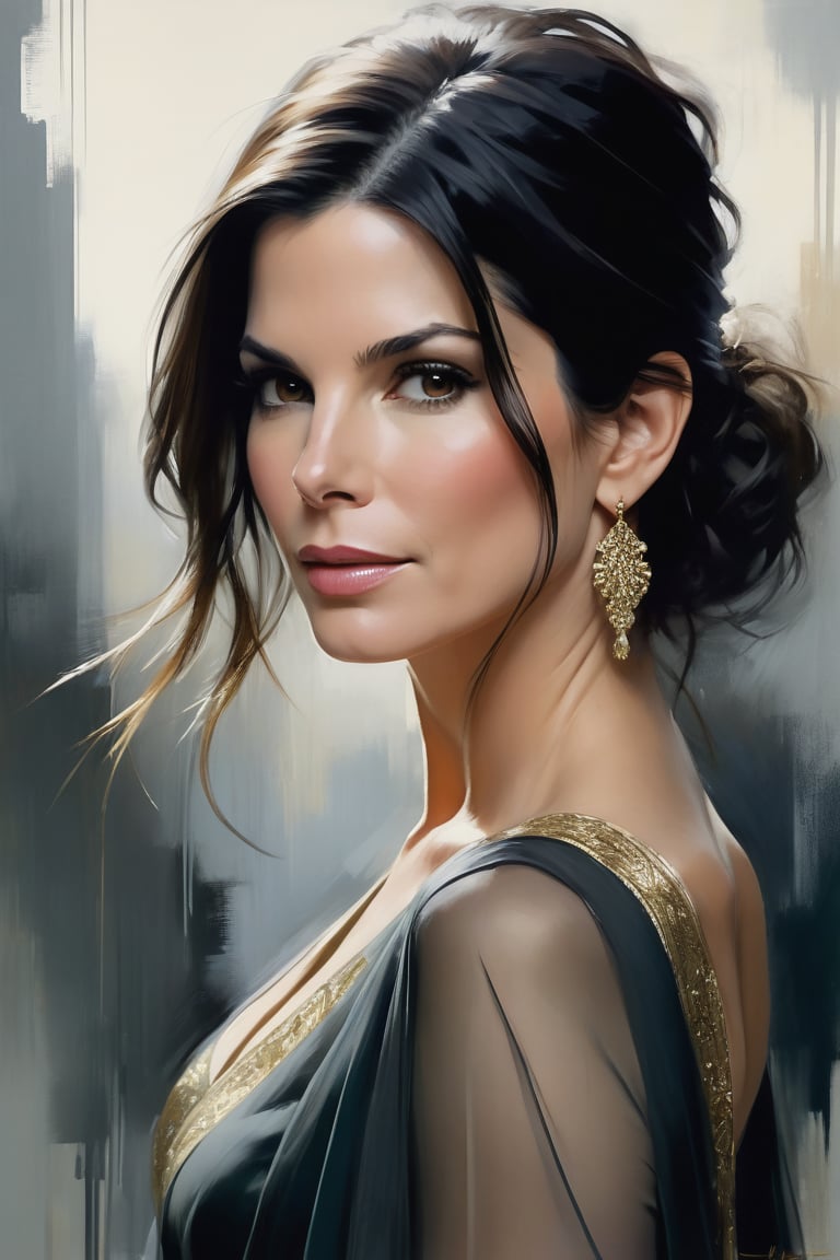 Sandra Bullock's portrait by Jeremy Mann: Anne, donning an elegant blouse and flowing transparent saree against a subtle background, poses confidently. Her Trendsetter wolf cut black hair cascades down her back like a waterfall, framing her 38C bust. Volumetric lighting accentuates her facial curves while heavy brushstrokes and layered shading create textured layers. The golden ratio guides the eye to her symmetric eyes radiating determination. Rich colors bring this masterpiece to life with perfect composition and sharp focus adding depth and dimensionality.