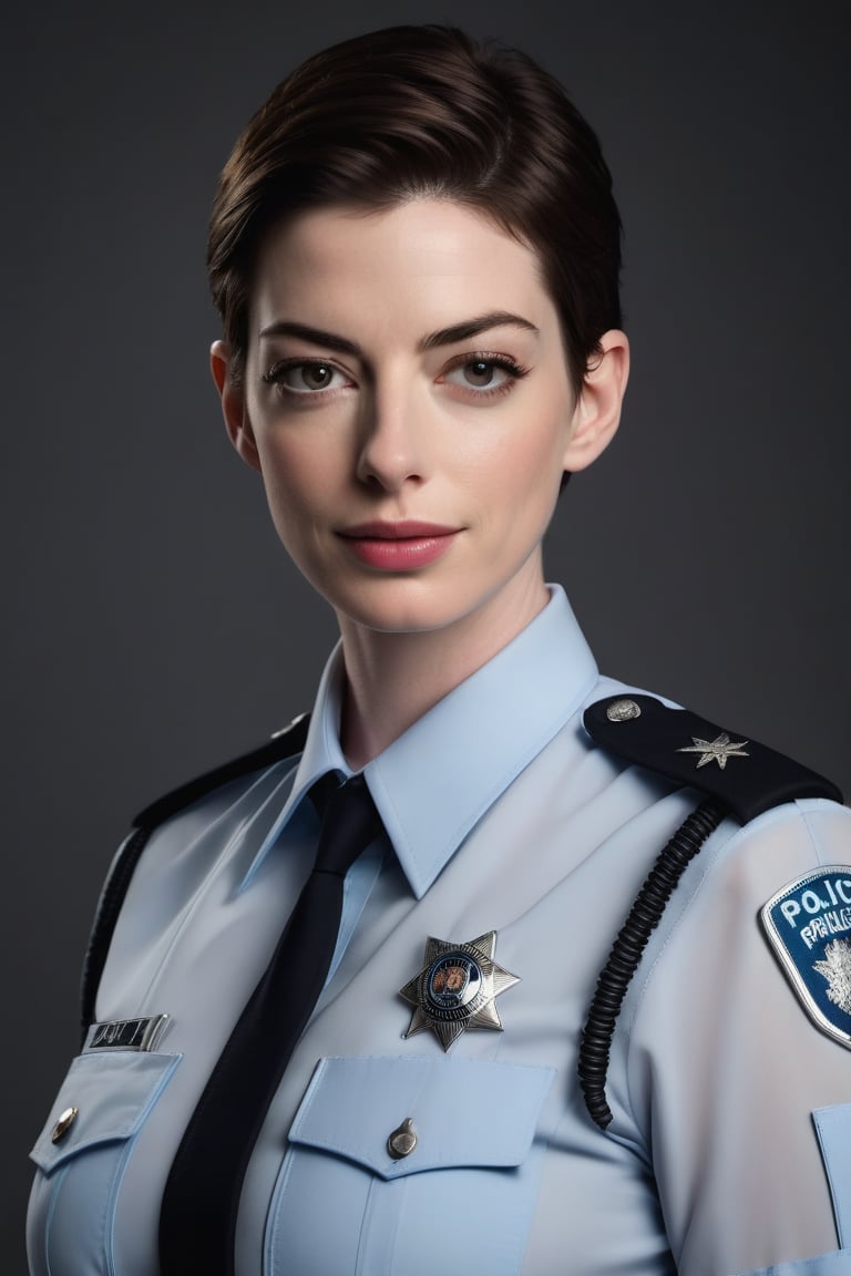 Anne Hathaway posing confidently in a crisp Russian-style female police uniform against a stark background, illuminated by soft, natural light that accentuates her flawless skin and piercingly symmetrical eyes. The 8K HDR image features a high-contrast palette with subtle film grain, captured with precision using a DSLR camera like the Fujifilm XT3.