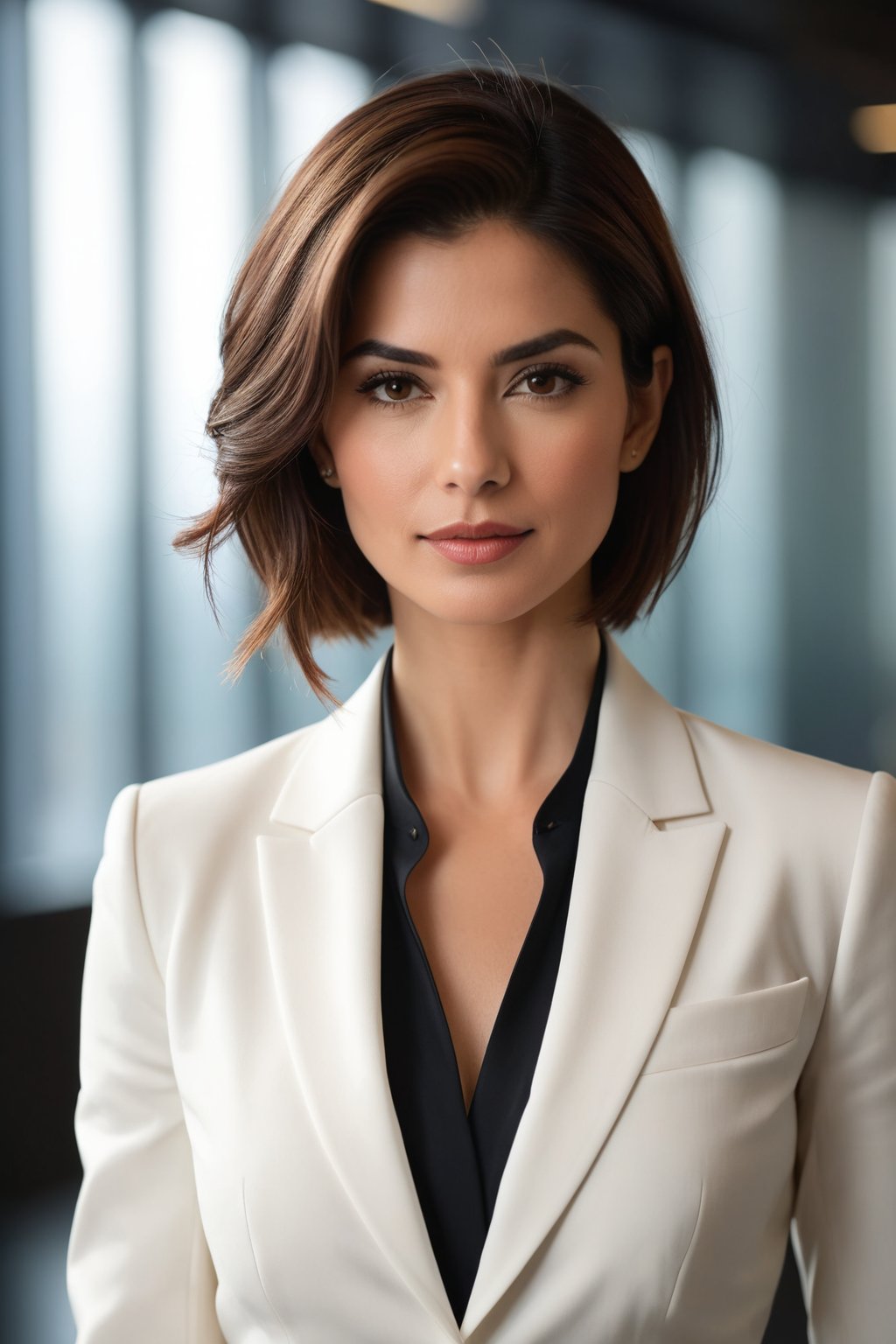 Here is the prompt:

Create an image of a close-up portrait of an Indian woman in her 30s with a wolf-cut brown hairdo, dressed in a stunning white business suit that exudes determination and confidence. Her gaze is direct yet soft, reminiscent of Anne Hathway's elegance. The subject is framed by a shallow depth of field against a neutral, gradient-blurred background, highlighting her sharp features. Softbox lighting casts a flattering glow on her skin tone, while the suit's subtle sheen adds dimensionality. The overall atmosphere is modern sophistication and poise.