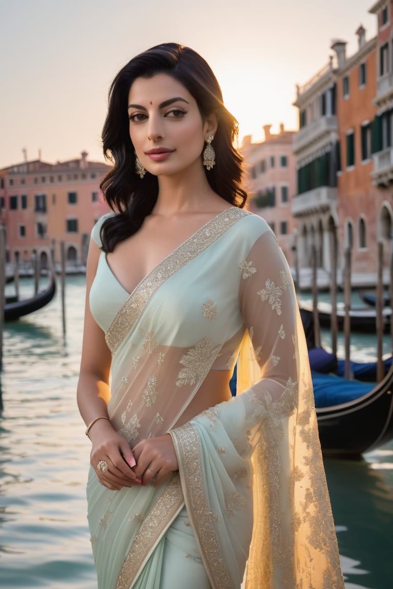 A stunning Indian woman in her 30s, a trendsetter with a wolf cut black hair, stands out against the romantic backdrop of Venice City, France. She wears a formal saree, its intricate patterns shimmering in the soft fairy tone light. Her fair skin glows with a subtle sheen, and her piercing gaze exudes determination. The camera captures her in a vertical composition, highlighting her 36D curves. Anne Hathaway-like features shine through, as she confidently poses against the city's ancient architecture.