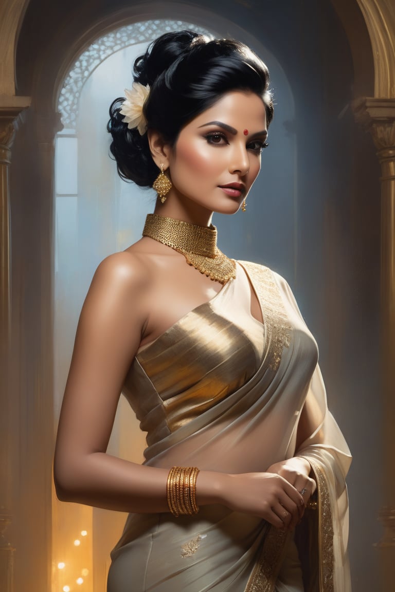 A breathtaking portrait of a stunning Indian woman in her 40s, Trendsetter's striking wolf-cut black hair styled in a sleek updo. Her porcelain doll-like features are showcased against a rich, golden backdrop, illuminated by volumetric lighting that creates depth and dimension. The subject's eyes, perfectly aligned to the golden ratio, sparkle like diamonds with a fairy tone glow. A formal, high-neck blouse adorns her statuesque figure, paired with a flowing transparent saree that drapes elegantly around her curves. The overall composition is masterfully executed by Jeremy Mann, Carne Griffiths, and Robert Oxley, with heavy brushstrokes and layered shading adding texture to the oil painting-like digital art.