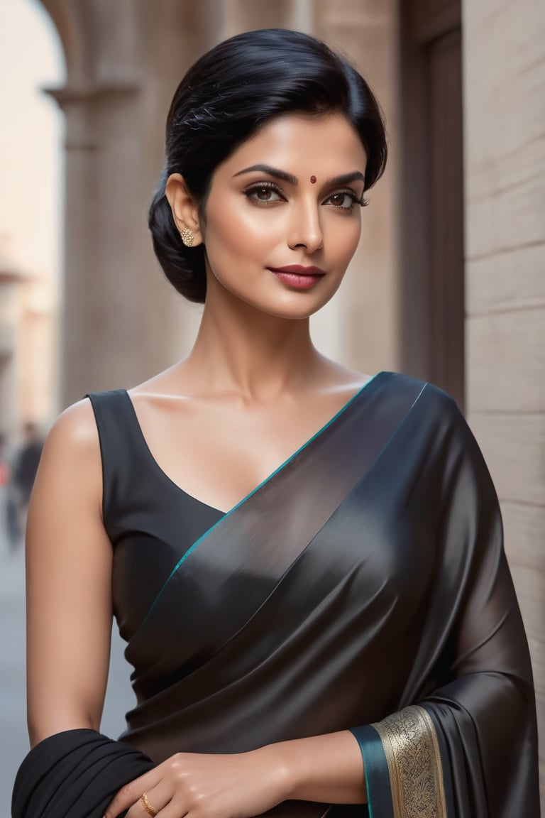 create a hyper realistic vertical photo of Indian most attractive woman in her 40s, Trendsetter wolf cut black hair, trending on artstation, portrait, digital art, modern, sleek, highly detailed, formal, determined, wearing saree, in venisce city france, 36D , fairy tone, fair skin, flirty gaze, anne hathway