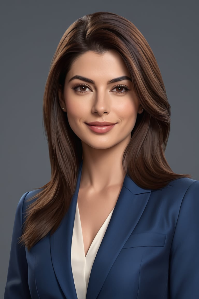 create a hyper realistic vertical photo of Indian most attractive happy woman in her 30s, Trendsetter wolf cut brown hair, trending on artstation, portrait, digital art, modern, sleek, highly detailed, formal, determined, blue business suit, Anne hathway,