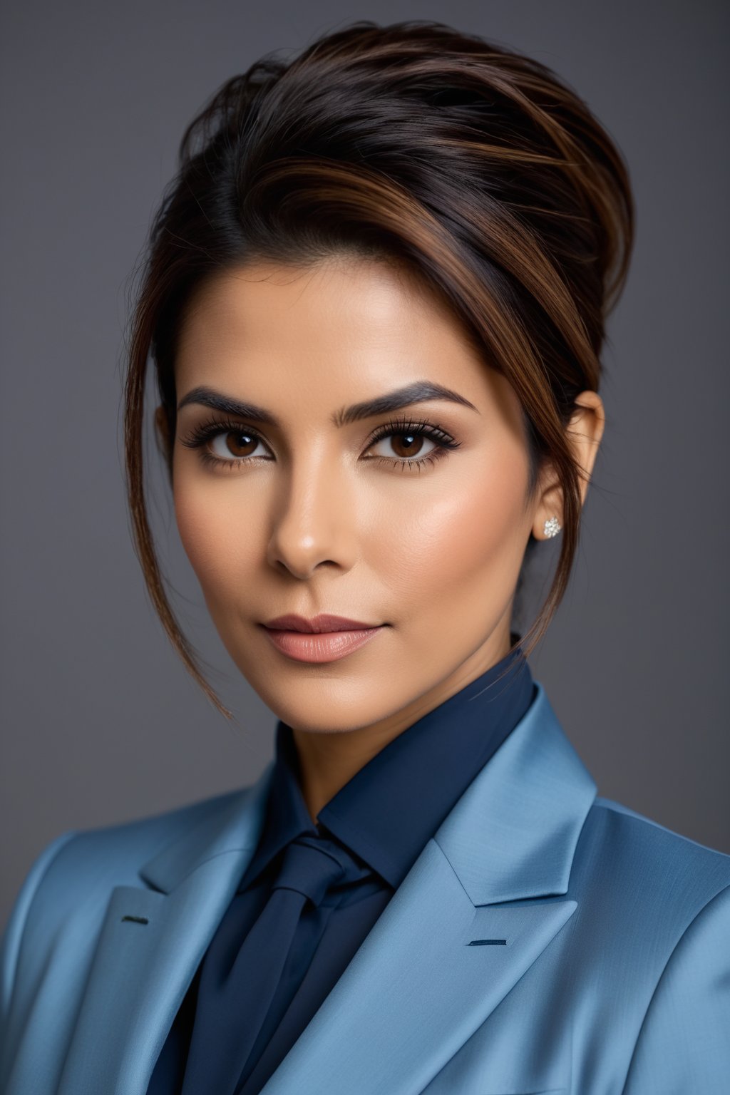 Close-up portrait of an Indian woman in her 30s with a trendsetting wolf-cut brown hairdo, donning a stunning blue business suit that exudes determination and confidence. Her gaze is direct, yet soft, reminiscent of Sandra Bullock's signature elegance. Framed by a shallow depth of field, the subject's sharp features are showcased against a neutral, gradient-blurred background, allowing her to take center stage. Softbox lighting casts a flattering glow on her skin tone, while the suit's subtle sheen adds dimensionality. The overall atmosphere is one of modern sophistication and poise.