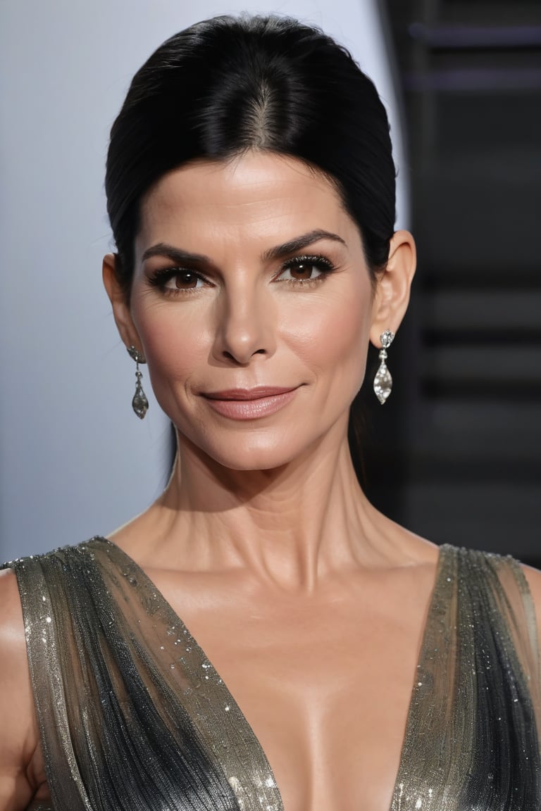 A close-up portrait of Sandra Bullock, dressed in an elegant blouse and flowing transparent saree, dominates the frame. Her Trendsetter wolf cut black hair cascades down her back like a waterfall, while her 38C bust is perfectly framed by the composition. Volumetric lighting accentuates the gentle curves of her face, illuminated by heavy brushstrokes and layered shading that create a textured, cell-like image. The golden ratio guides the viewer's eye to her symmetric eyes, which seem to hold a fairy tone of determination. Rich, deep colors bring this award-winning masterpiece to life.