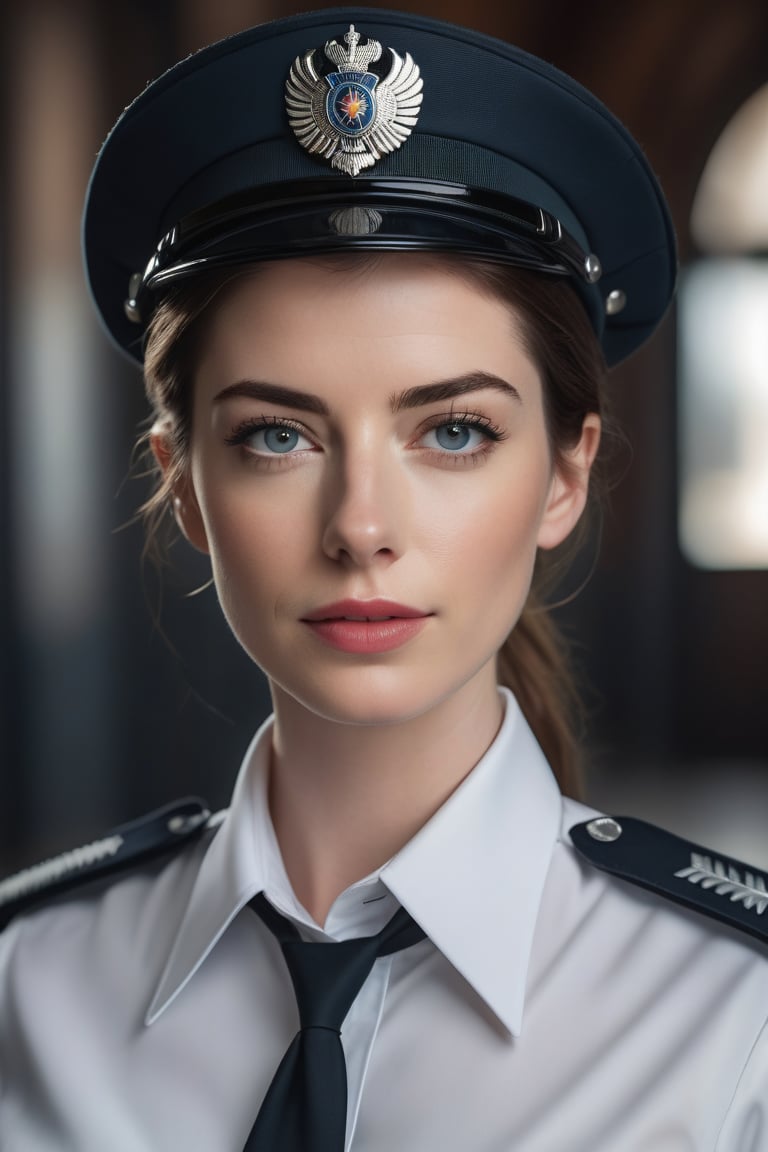 a breathtakingly beautiful caucasian woman Anne hathway from Russian, female police  uniform, perfect symmetric eyes, natural skin texture, hyperrealism, soft light, sharp, 8k hdr, dslr, high contrast, cinematic lighting, high quality, film grain, Fujifilm XT3