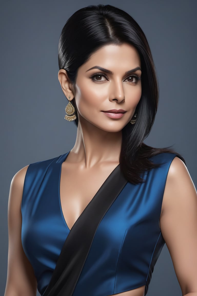 create a hyper realistic vertical photo of Indian most attractive woman in her 40s, Trendsetter wolf cut black hair, trending on artstation, portrait, digital art, modern, sleek, highly detailed, formal, determined, 36D ,  fairy tone, blue saree, gym dress, Sandra Bullock


